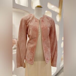 Retro Light Pink Suede Open Jacket/Blazer with Shoulder Pads and Embroidery